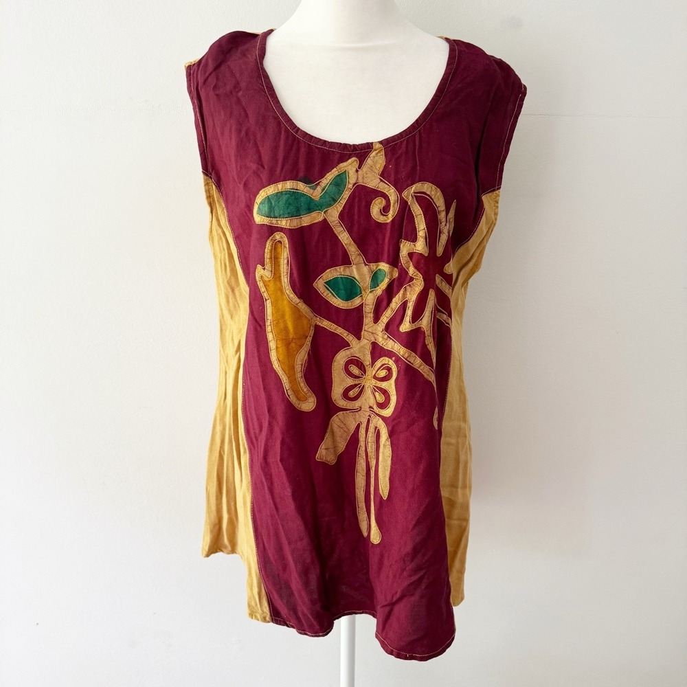 Vintage Batik Applique Tunic Women OS Burgundy Gold Boho Ethnic Festival Hippie